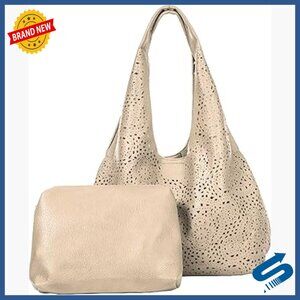 Large Laser Cut Faux Leather Hobo Tote with Makeup Pouch